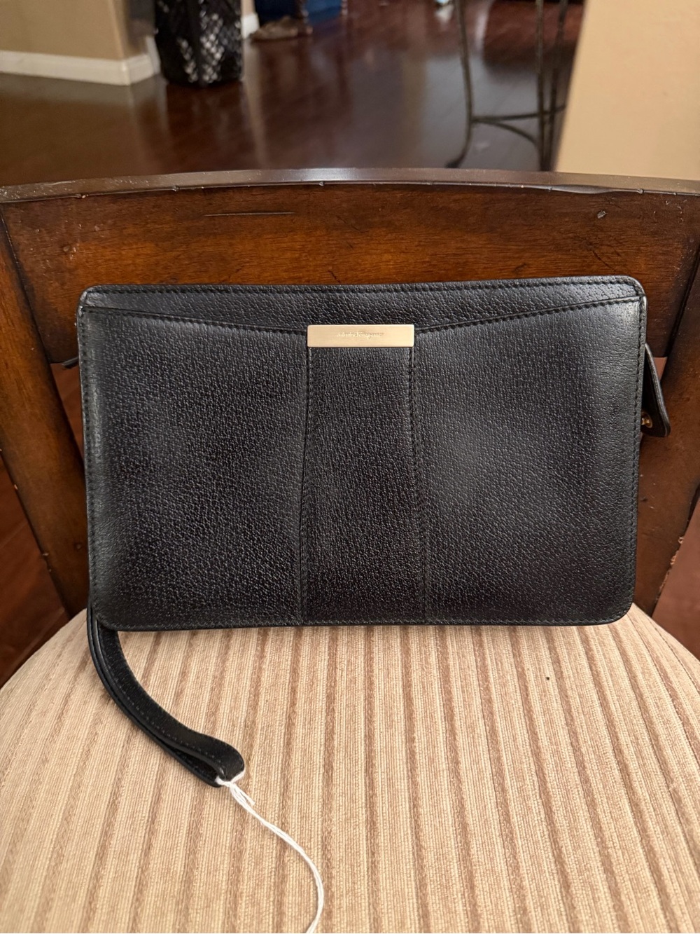 Authentic Salvatore Ferragamo Black Leather Clutch with Wrist Strap